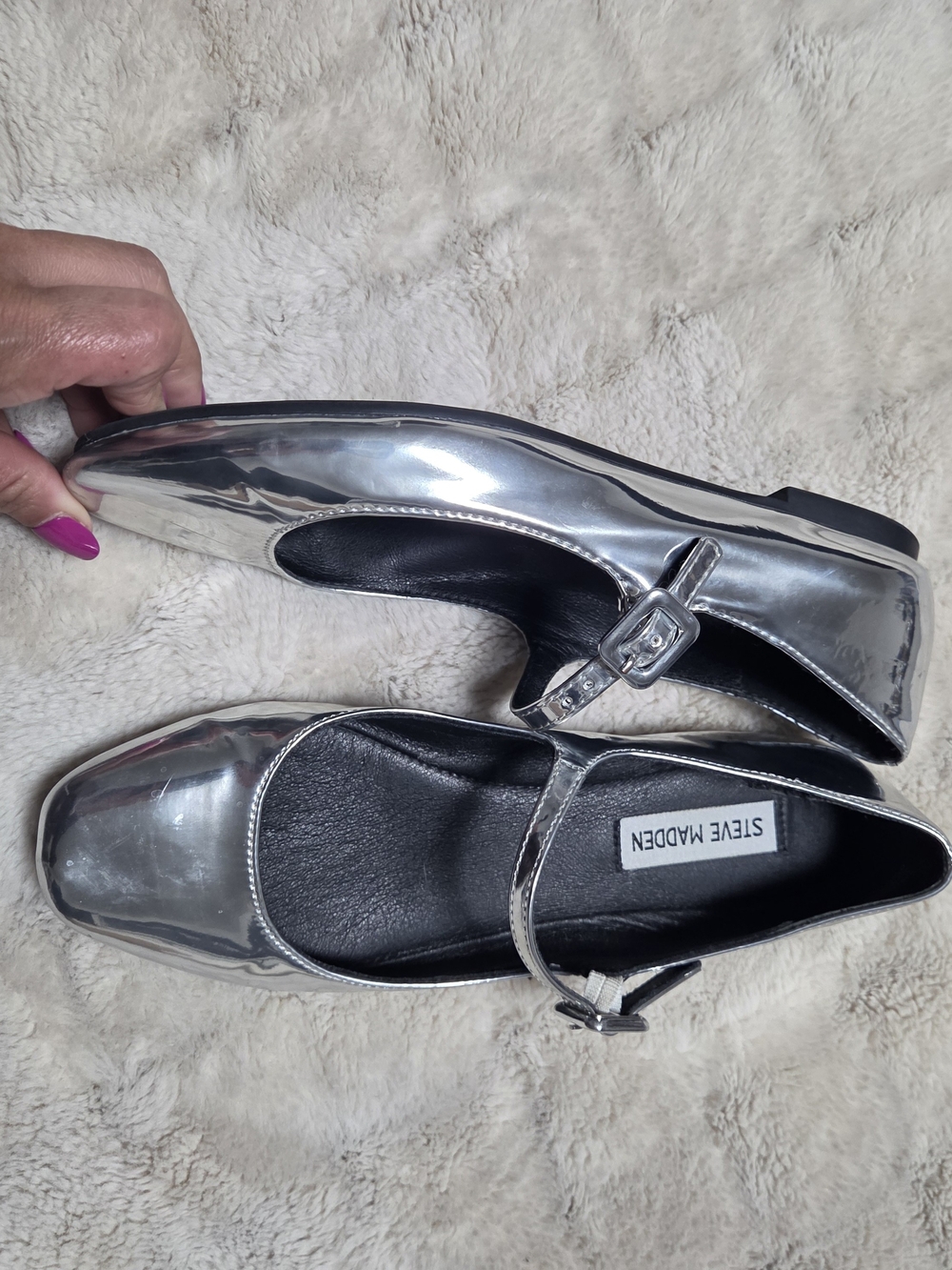 Steve Madden Silver Mary Jane Flats - Metallic Square Toe - Picture 2 of 5